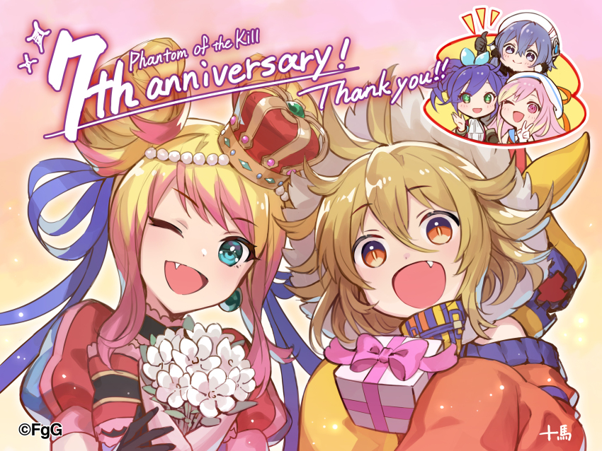 5girls, :d, absurdres, ahoge, artist_name, black_gloves, blonde_hair, blue_eyes