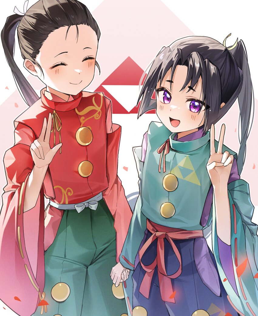 2boys, :d, absurdres, black_hair, blue_hakama, blush, bow, brothers, closed_eyes, closed_mouth, curtained_hair, falling_petals, from_above, green_hakama, hair_pulled_back, hakama, hand_up, highres, holding_hands, houjou_kunitoki_(nige_jouzu_no_wakagimi), houjou_tokiyuki_(nige_jouzu_no_wakagimi), japanese_clothes, jira_(0116), kariginu, long_hair, long_sleeves, looking_at_viewer, male_focus, mitsu_uroko, motoyui, multiple_boys, nige_jouzu_no_wakagimi, open_mouth, parted_bangs, petals, ponytail, purple_eyes, raised_eyebrows, red_background, red_bow, red_petals, red_sash, ribbon-trimmed_sleeves, ribbon_trim, sash, siblings, sidelocks_tied_back, simple_background, smile, v, very_long_hair, white_background, white_sash, wide_sleeves, yellow_bow