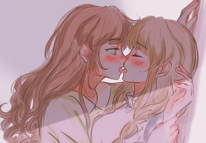 2girls, blush, brown_hair, closed_eyes, commentary, french_kiss, freya_(little_goody_two_shoes), green_shirt, highres, holding_another's_wrist, k_(nextstopplease), kabedon, kiss, kiss_focus, lebkuchen_(little_goody_two_shoes), little_goody_two_shoes, long_hair, looking_at_another, multiple_girls, shade, shirt, sweatdrop, tongue, tongue_out, upper_body, white_shirt, yuri