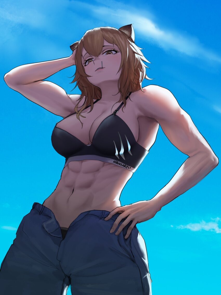 1girl, abs, absurdres, alternate_costume, animal_ears, arknights, black_sports_bra, blue_pants, breasts, brown_eyes, brown_hair, candy, cleavage, commentary, day, denim, english_commentary, food, food_in_mouth, hand_on_own_hip, hansart17, highres, large_breasts, lion_ears, lion_girl, lollipop, long_hair, looking_at_viewer, muscular, muscular_female, navel, outdoors, pants, siege_(arknights), smile, solo, sports_bra, standing
