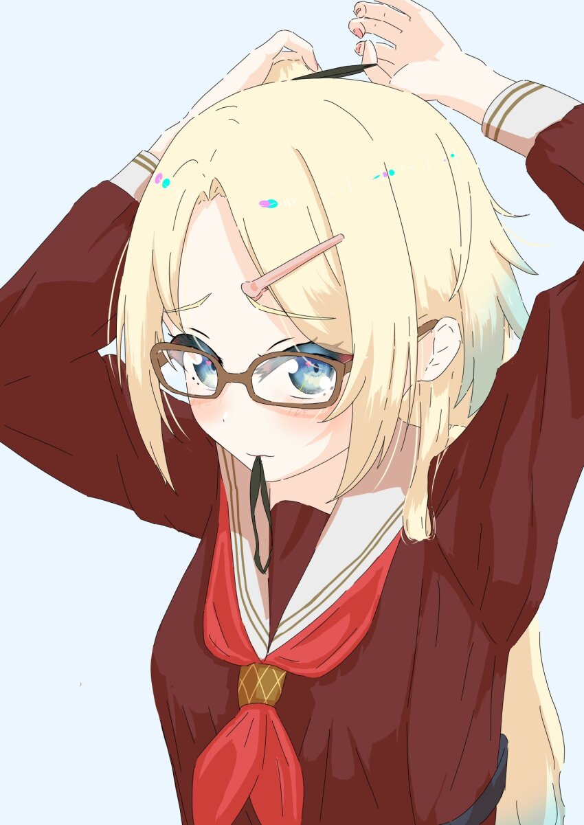 1girl, blonde_hair, blue_eyes, blue_hair, blush, brown-framed_eyewear, brown_dress, commentary_request