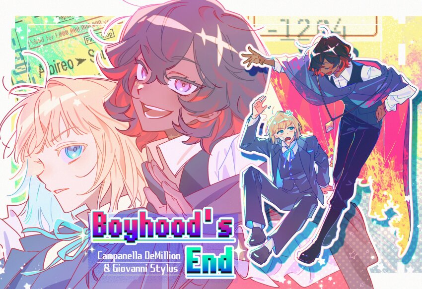 2boys, anger_vein, arm_support, bandaid, bandaid_on_cheek, bandaid_on_face, black_boots, black_cloak