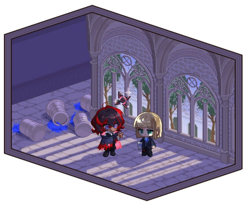 2boys, be_whitedwarf, black_footwear, black_hair, black_pants, black_robe, black_vest, blonde_hair, blood, blue_blood, blue_ribbon, blue_sky, blunt_bangs, blunt_ends, campanella_demillion, chibi, closed_mouth, collared_shirt, colored_inner_hair, dark-skinned_male, dark_skin, diorama, finger_gun, frown, full_body, giovanni_stylus, green_eyes, indoors, isometric, long_sleeves, male_focus, multicolored_hair, multiple_boys, neck_ribbon, open_collar, pants, pixel_art, red_hair, ribbon, robe, robot, school_uniform, shirt, shoes, short_hair, shounenki_no_owari, sky, smile, sparkle, standing, stone_floor, stone_wall, streaked_hair, sunlight, torn_clothes, torn_robe, tree, two-tone_hair, vest, white_background, white_shirt, window, wing_collar