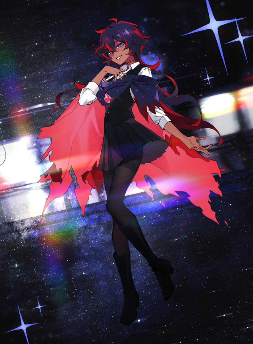 1girl, be_whitedwarf, black_cloak, black_hair, black_pantyhose, black_skirt, black_vest, campanella_demillion, cloak, collared_shirt, colored_inner_hair, commentary_request, dark-skinned_female, dark_skin, full_body, genderswap, genderswap_(mtf), grin, hair_between_eyes, hand_on_own_chest, highres, korean_commentary, long_hair, long_sleeves, looking_at_viewer, multicolored_hair, pantyhose, pleated_skirt, purple_eyes, red_hair, scar, scar_on_face, scar_on_neck, school_uniform, shirt, short_hair, shounenki_no_owari, skirt, sky, smile, solo, space, sparkle, star_(sky), starry_sky, streaked_hair, torn_cloak, torn_clothes, train, two-tone_hair, vest, white_shirt, wing_collar