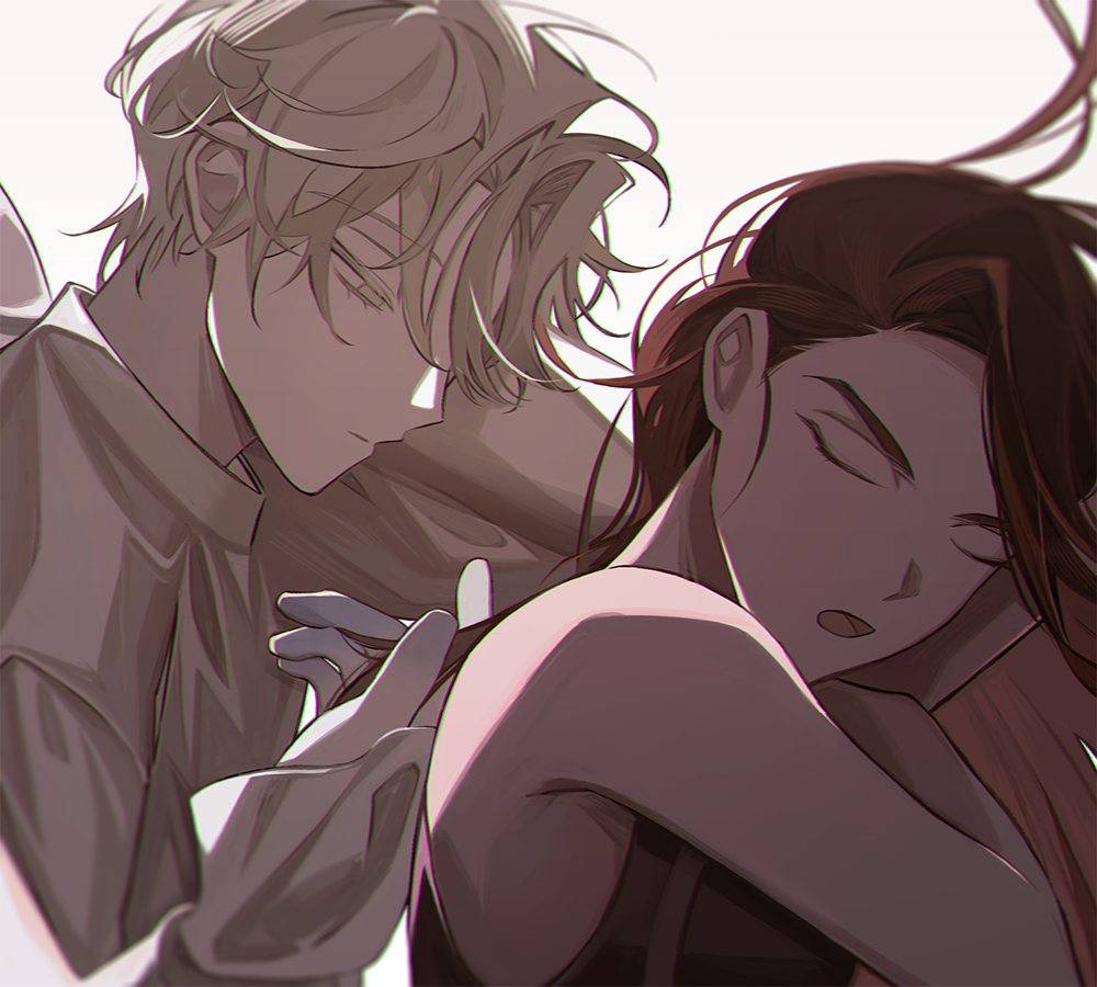 1boy, 1girl, alien_stage, black_tank_top, blonde_hair, brown_hair, closed_eyes, closed_mouth, commentary, holding_another's_hair, hyuna_(alien_stage), long_hair, looking_at_another, luka_(alien_stage), lying, on_side, open_mouth, s301t9, shirt, short_hair, sleeping, tank_top, very_short_hair, white_background, white_shirt, yellow_eyes