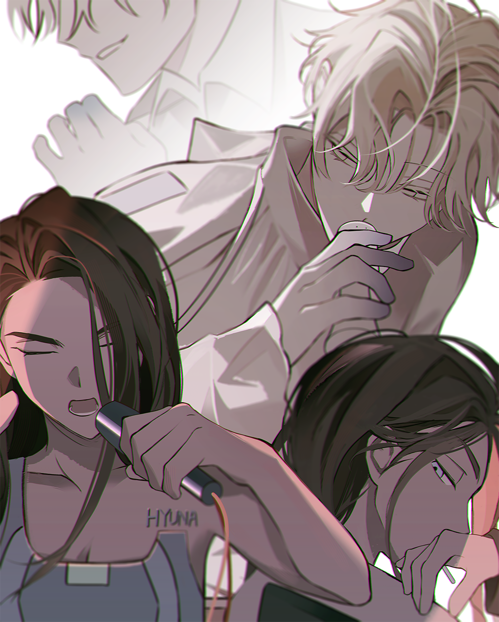 1boy, 1girl, alien_stage, blonde_hair, brown_hair, closed_eyes, commentary, grey_tank_top