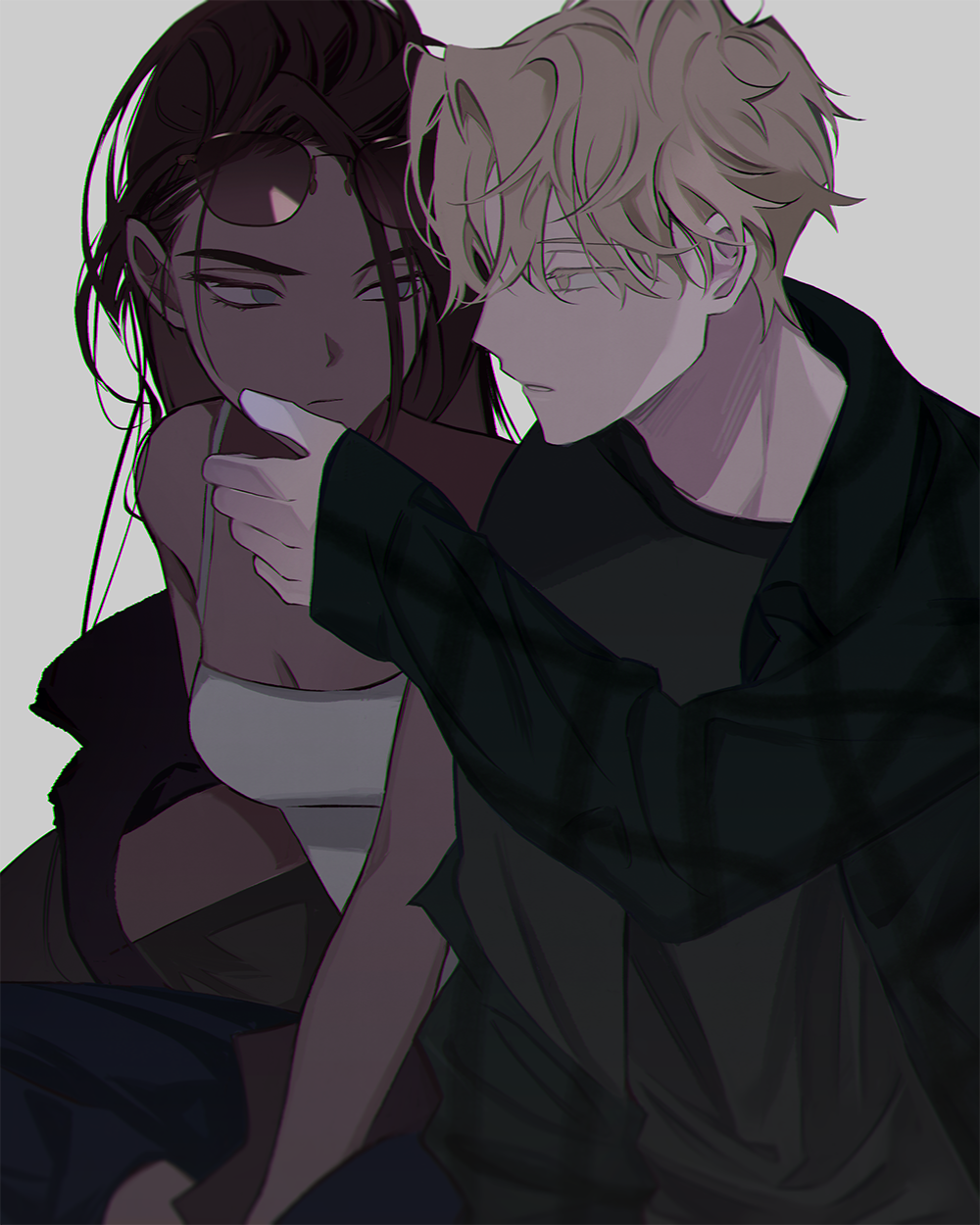 1boy, 1girl, alien_stage, alternate_costume, black_jacket, black_shirt, brown_hair, closed_mouth, commentary, dark-skinned_female, dark_skin, eyewear_on_head, hand_on_another's_face, highres, hyuna_(alien_stage), jacket, light_frown, looking_at_another, luka_(alien_stage), s301t9, shirt, simple_background, sleeves_past_wrists, sunglasses, tank_top, white_background, white_tank_top