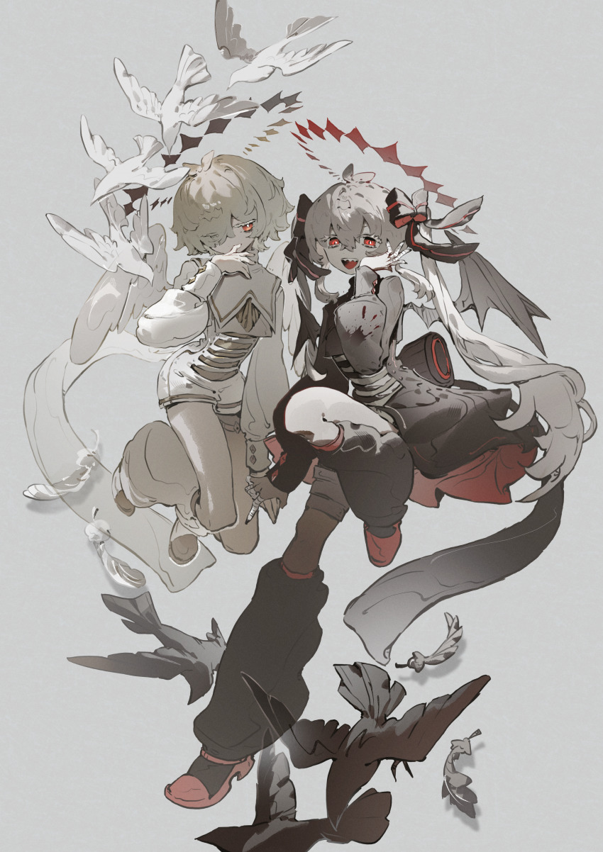 1boy, 1girl, absurdres, antenna_hair, bird, black_footwear, black_vs_white, blonde_hair