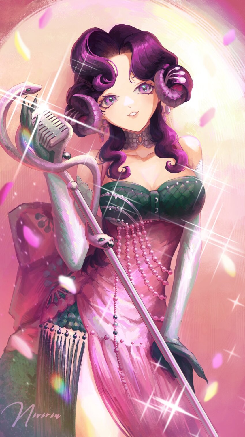 1girl, anjo_nala, artist_name, bare_shoulders, breasts, choker, cleavage, cowboy_shot, curled_horns, demon_girl, demon_horns, dress, elbow_gloves, falling_petals, glint, gloves, green_tail, grey_choker, grey_gloves, grin, hand_up, head_tilt, highres, holding, holding_microphone_stand, horns, long_dress, looking_at_viewer, low_horns, medium_breasts, microphone_stand, niviria_artist, parted_bangs, parted_lips, petals, pink_background, pink_dress, purple_eyes, purple_hair, reverse:1999, side_slit, smile, solo, wavy_hair