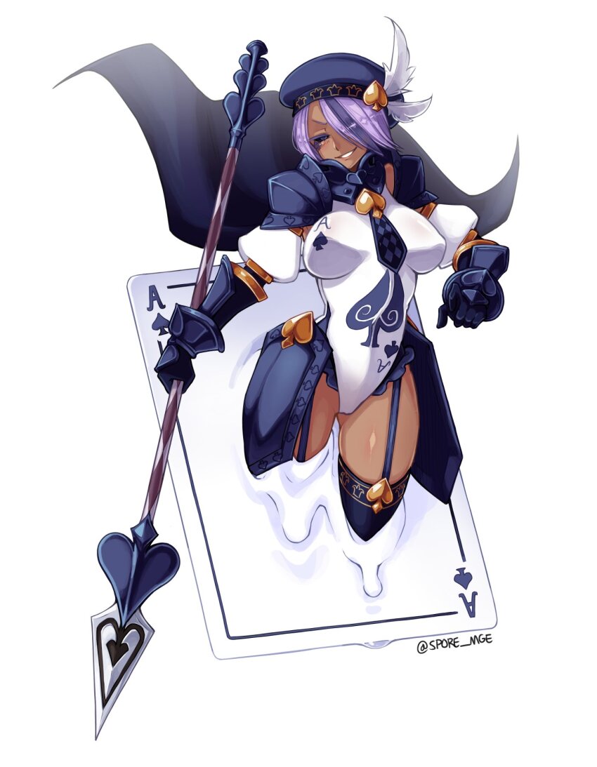 1girl, ace_(playing_card), ace_of_spades, argyle_clothes, argyle_necktie, armor, artist_name, beret