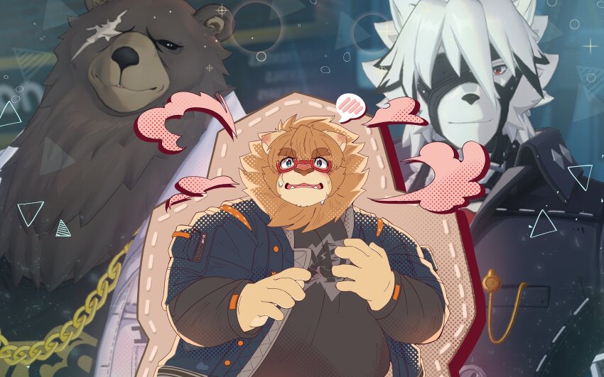 3boys, absurdres, animal_ears, artist_self-insert, bear_boy, bear_ears, ben_bigger, black_shirt, black_vest, blue_jacket, blush, chain, chain_necklace, colored_tips, commentary, cosplay, derivative_work, english_commentary, eyepatch, fangs, furry, furry_male, game_screenshot_background, glasses, green_eyes, highres, jacket, jewelry, lion_boy, lion_ears, lion_mane, male_focus, morganramune, multicolored_hair, multiple_boys, necklace, one_eye_covered, open_mouth, original, red_eyes, scar, scar_across_eye, scar_on_face, screenshot_background, shirt, shy, sparkle, speech_bubble, spoken_blush, sweat, upper_body, vest, von_lycaon, white_jacket, wise_(zenless_zone_zero), wise_(zenless_zone_zero)_(cosplay), wolf_boy, wolf_ears, zenless_zone_zero
