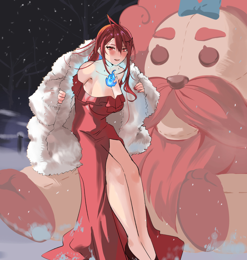 1girl, absurdres, ahoge, alternate_costume, blue_fire, blue_hair, bobby_(elizabeth_rose_bloodflame), breasts