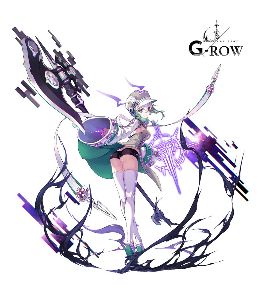 1girl, ass, black_shorts, breasts, commentary_request, copyright_name, from_behind, full_body, green_hair, halberd, hat, high_heels, highres, holding, holding_polearm, holding_weapon, looking_at_viewer, looking_back, matia_(ta_ga_tame_no_alchemist), official_art, polearm, rinzo, second-party_source, short_shorts, shorts, solo, standing, ta_ga_tame_no_alchemist, thighhighs, thighs, weapon, white_hair, white_hat, white_thighhighs