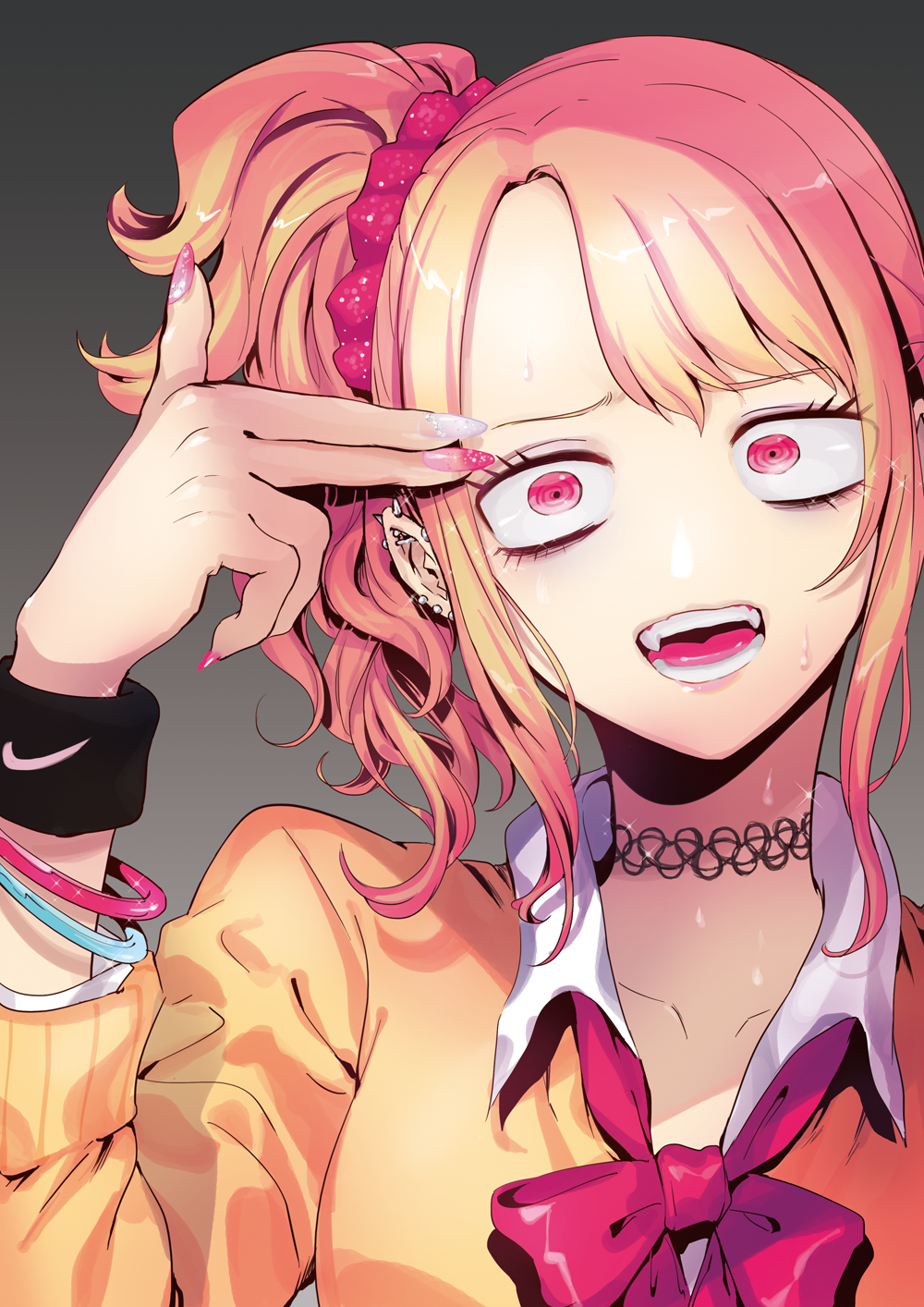 1girl, blonde_hair, bow, bracelet, breasts, hair_ornament, hair_scrunchie, highres