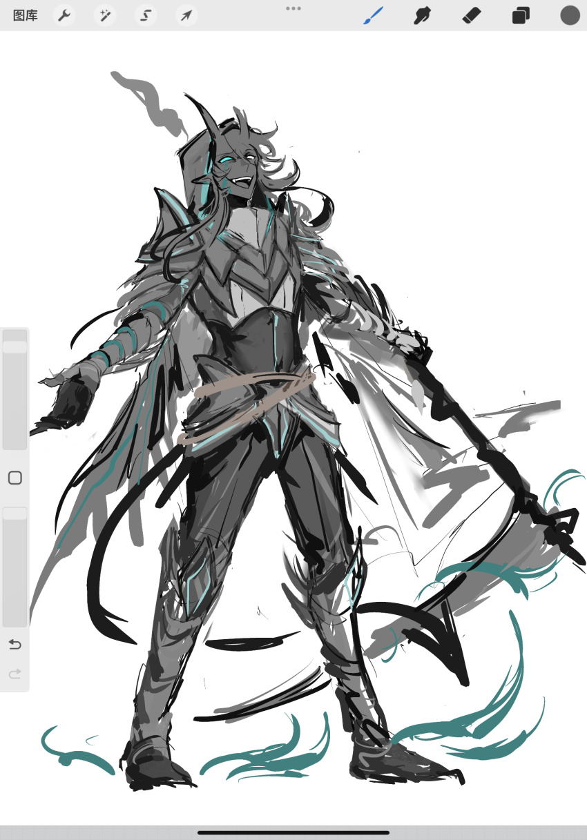 1boy, armor, art_program_in_frame, badboyhalo, black_hair, black_skin, chinese_commentary, colored_skin