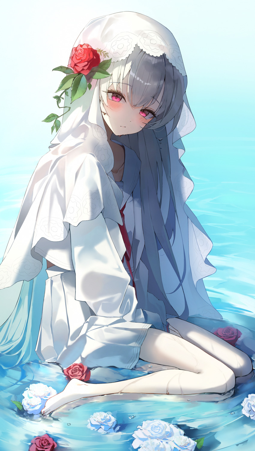 1girl, absurdres, arcaea, between_legs, blush, bow, bowtie, closed_mouth