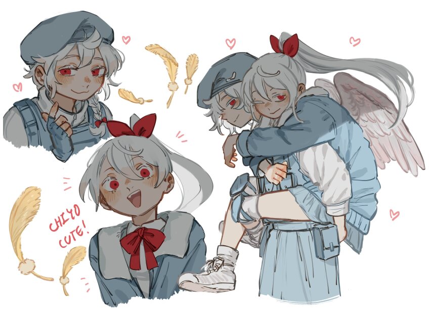 2girls, ammunition_pouch, angel_wings, beret, blue_jacket, bow, bowtie, bulletproof_vest