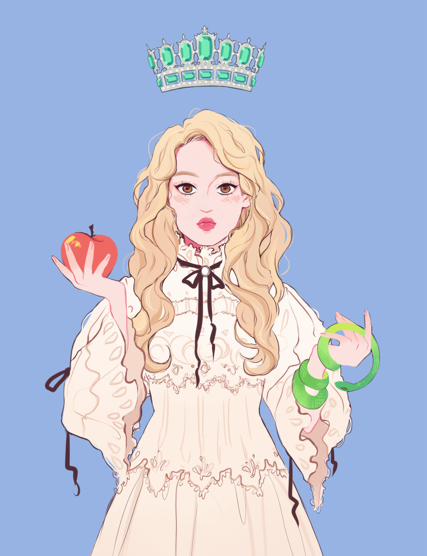 1girl, black_ribbon, blonde_hair, blue_background, brown_eyes, closed_mouth, commentary, cowboy_shot