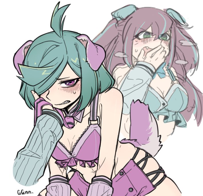 2girls, ahoge, akoya_matama, anemo_nemo, animal_ears, blush, breasts, brown_hair