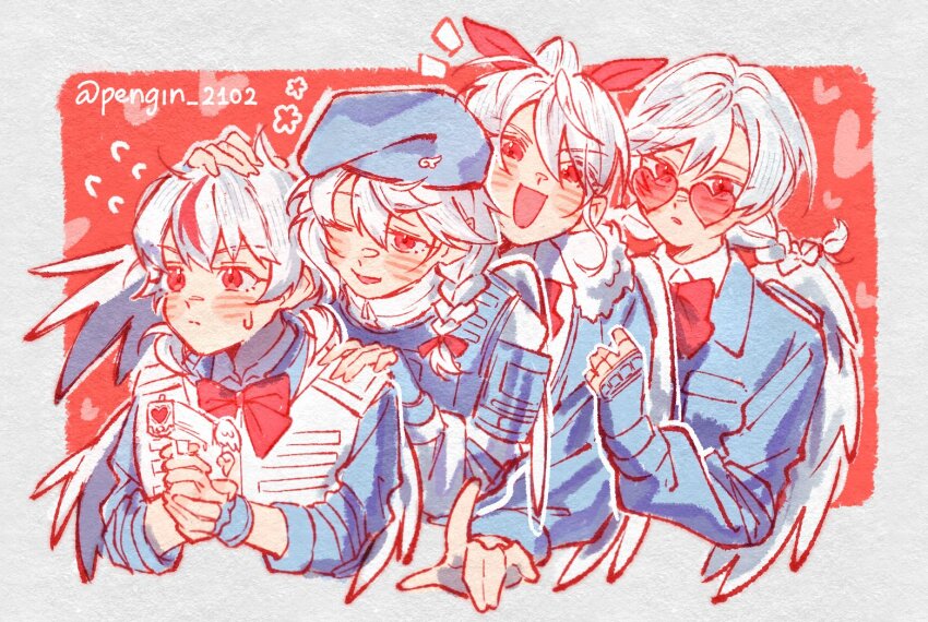 4girls, beret, blue_jacket, blush, braid, bulletproof_vest, chiyo_(love-bullet), cupid