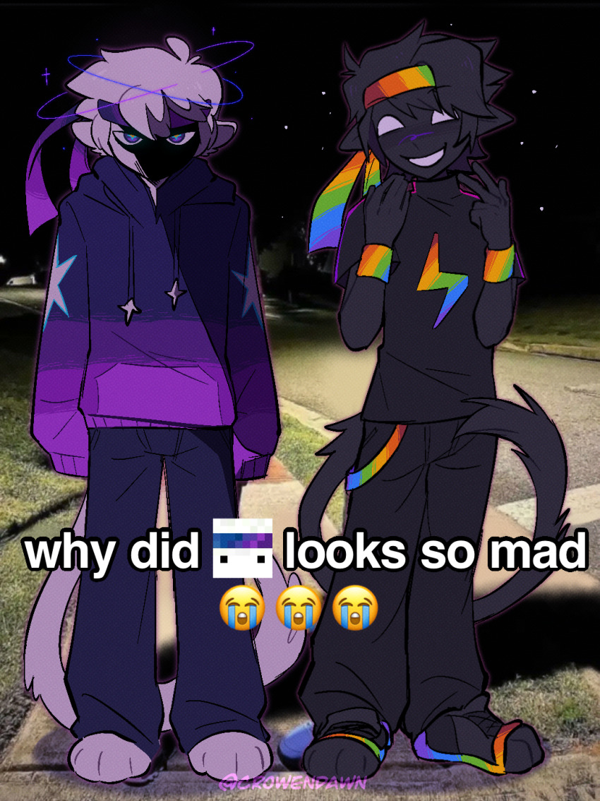 2boys, animal_feet, annoyed, black_hair, black_pants, black_shirt, black_skin, colored_skin