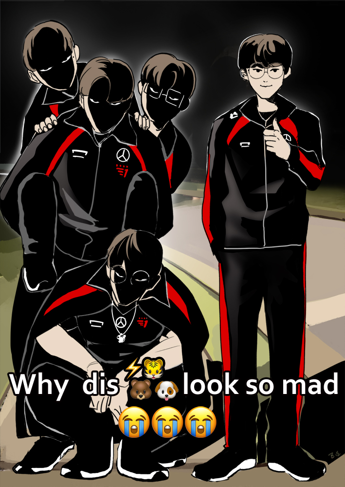 5boys, black_jacket, black_pants, brown_hair, character_request, check_character, chinese_commentary, closed_mouth, commentary_request, dated_commentary, eyes_in_shadow, faker_(person), full_body, glasses, gumayusi_(gamer), jacket, keria_(gamer), league_of_legends_world_championship, long_sleeves, looking_at_viewer, male_focus, meme, multiple_boys, oner_(gamer), pants, real_life, short_hair, smile, t1_(esports), thumbs_up, whistle, whistle_around_neck, why_dis_ninja_look_so_mad_(meme), z.i, zeus_(gamer)