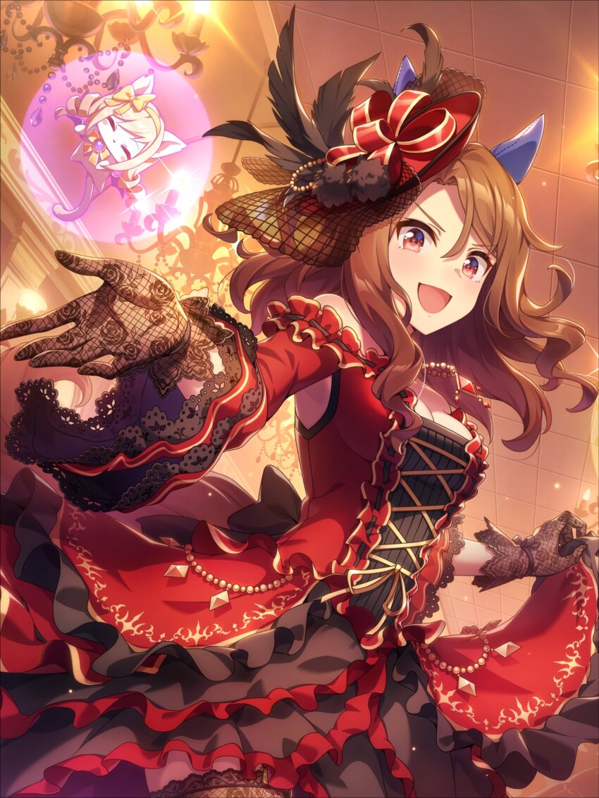 1girl, absurdres, animal_ears, bare_shoulders, black_gloves, breasts, brown_hair, cleavage, clothes_lift, dress, dress_lift, ear_covers, from_side, game_cg, gloves, highres, horse_ears, horse_girl, king_halo_(tonight_we_waltz)_(umamusume), king_halo_(umamusume), lace, lace_gloves, long_hair, looking_at_viewer, medium_breasts, off-shoulder_dress, off_shoulder, official_alternate_costume, official_art, open_mouth, red_dress, red_eyes, smile, solo, third-party_source, umamusume