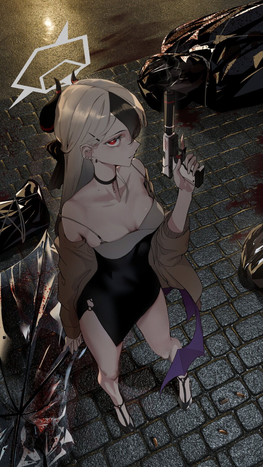 1girl, absurdres, black_choker, black_hair, black_horns, blood, blue_archive, body_bag, breasts, brick_floor, choker, cleavage, closed_mouth, demon_horns, ear_piercing, earclip, floor, grey_halo, gun, h&amp;k_p30, hair_between_eyes, halo, handgun, highres, horns, implied_murder, kayoko_(blue_archive), long_hair, long_sleeves, looking_up, mole, mole_on_neck, multicolored_hair, official_alternate_costume, piercing, red_eyes, saigakobaru, single_wing, solo, suppressor, two-tone_hair, weapon, white_hair, wings