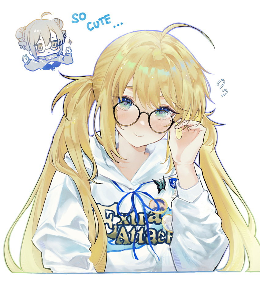 2girls, adjusting_eyewear, ahoge, artoria_caster_(fate), artoria_pendragon_(fate), blonde_hair, blue_ribbon, blush, bug, butterfly, chibi, commentary_request, cropped_torso, double_bun, double_v, extra_attack_shirt, fate/grand_order, fate_(series), glasses, gradient_hair, hair_bun, highres, hood, hood_down, hoodie, insect, long_hair, long_sleeves, looking_at_viewer, multicolored_hair, multiple_girls, mysterious_heroine_xx_alter_(fate), neck_ribbon, nigiri, ribbon, round_eyewear, semi-rimless_eyewear, simple_background, twintails, v, very_long_hair, white_background, white_hoodie