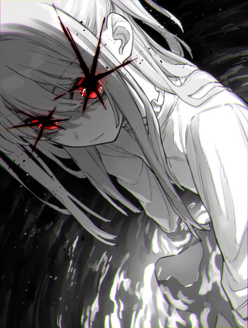 1girl, arisancake, closed_mouth, eyebrows_hidden_by_hair, glowing, glowing_eyes, hair_between_eyes, highres, hoshino_ruby, long_hair, long_sleeves, looking_at_viewer, monochrome, oshi_no_ko, partially_submerged, red_eyes, solo, star-shaped_pupils, star_(symbol), symbol-shaped_pupils, water