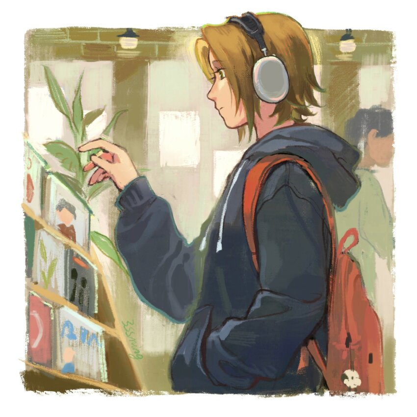 1girl, 1other, backpack, bag, black_hoodie, brown_eyes, brown_hair, casual