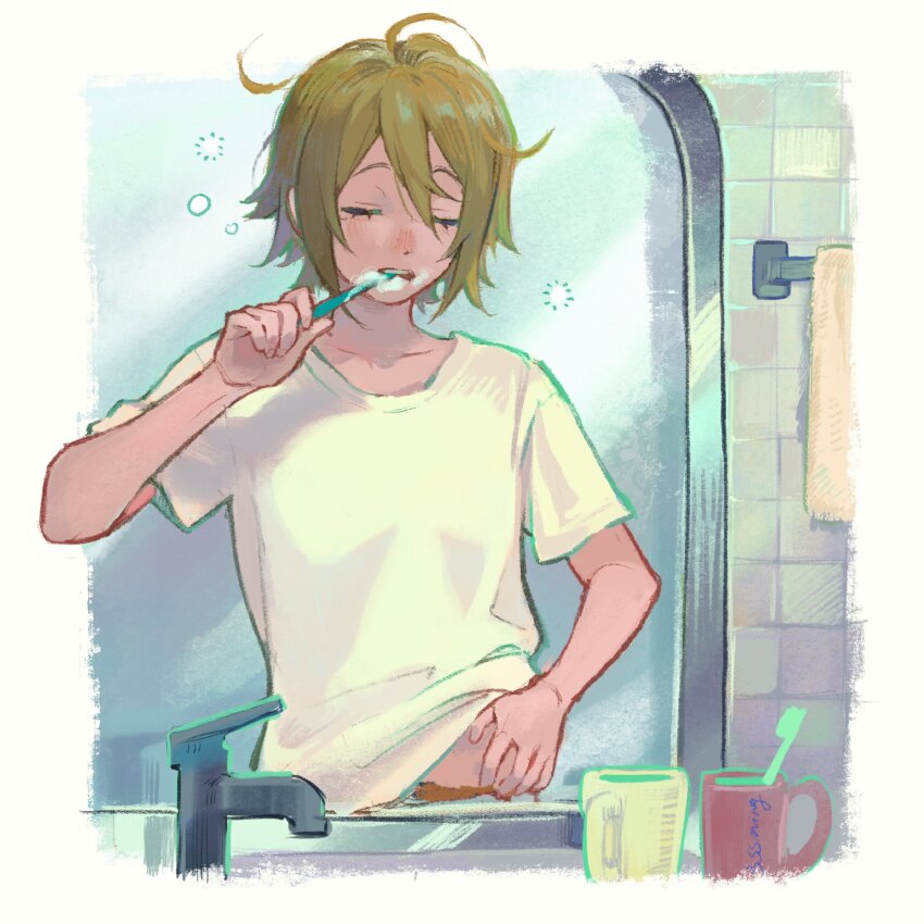 1girl, ahoge, bathroom, brown_hair, brushing_teeth, closed_eyes, commentary, commentary_request