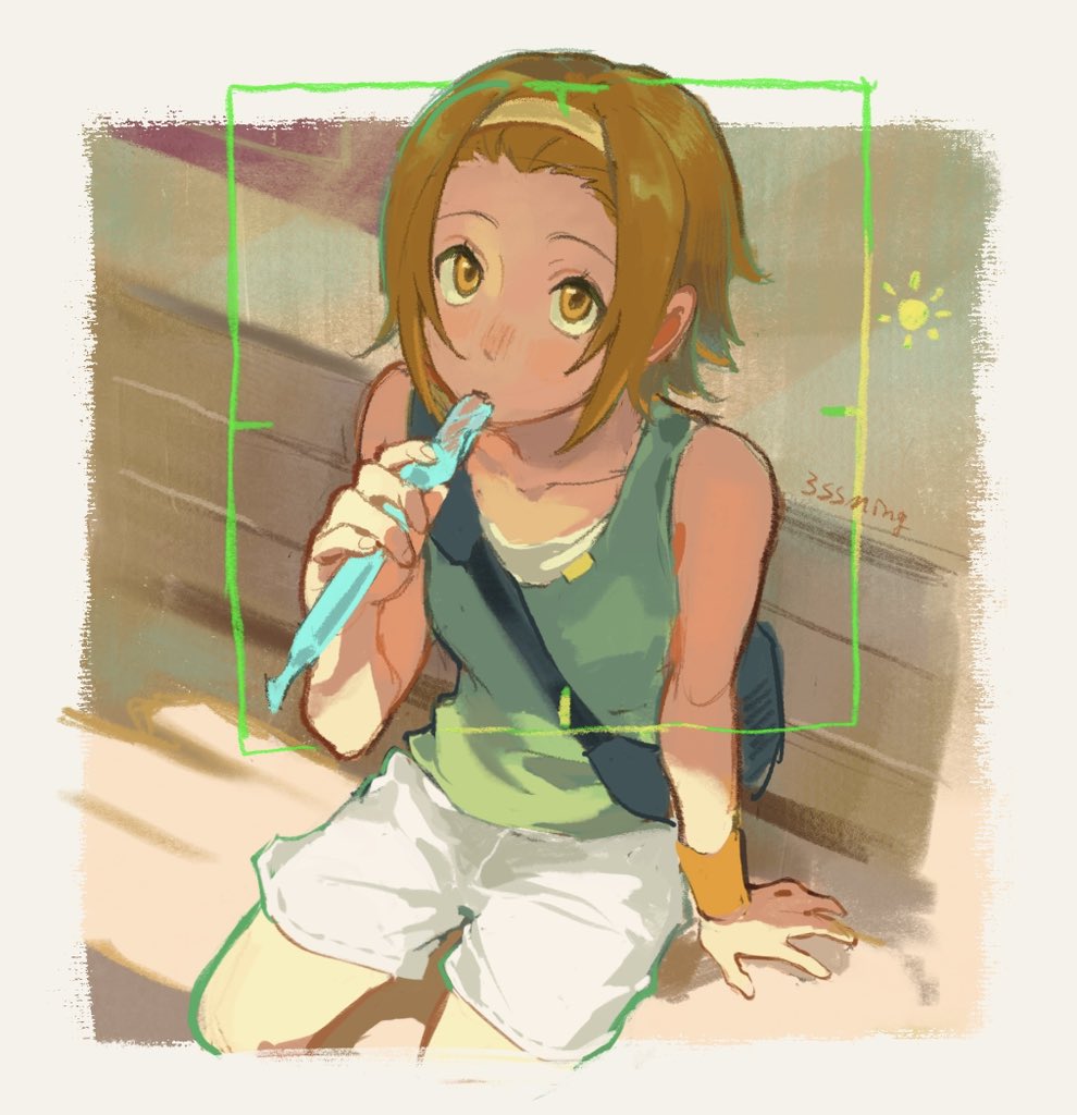 1girl, brown_hair, casual, collarbone, commentary_request, food, forehead, green_tank_top