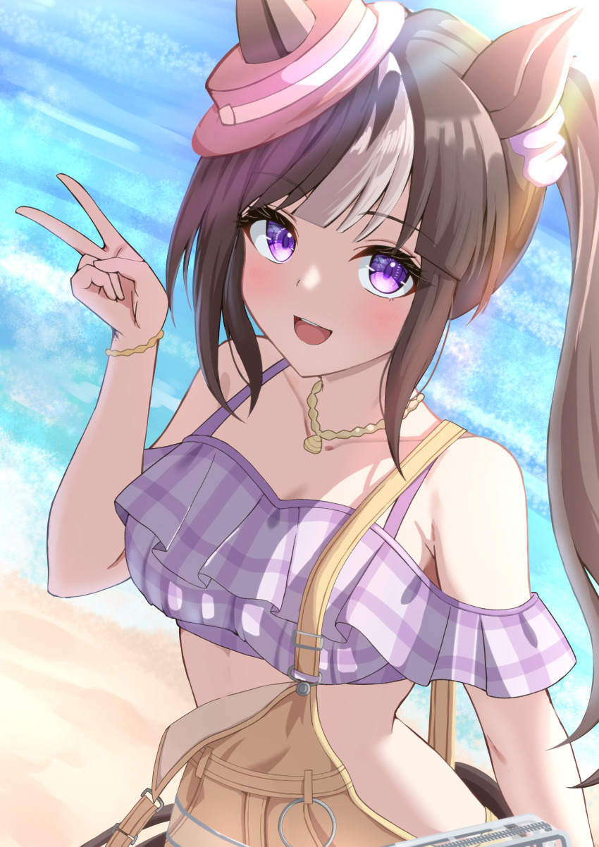 1girl, absurdres, alternate_hairstyle, animal_ears, beach, blush, breasts, cleavage