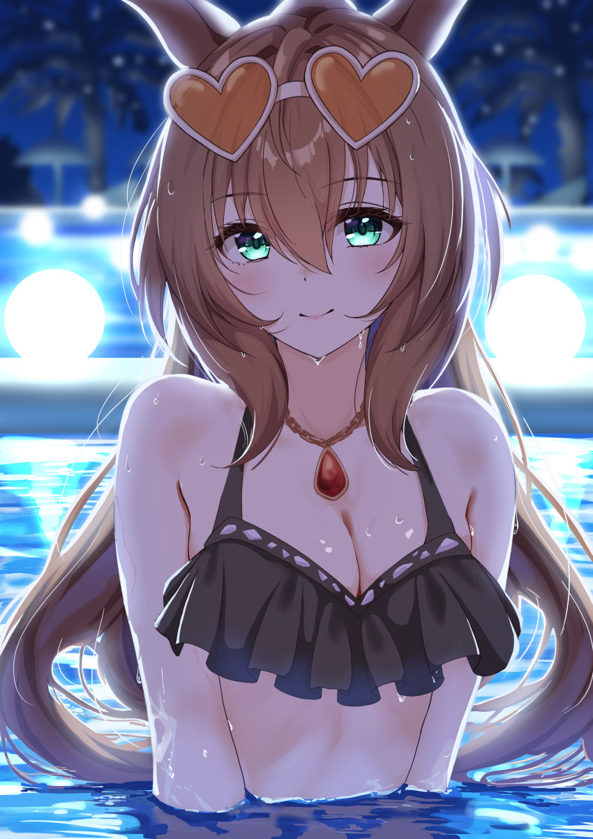 1girl, absurdres, animal_ears, bare_shoulders, bikini, black_bikini, blurry, blush, breasts, brown_hair, cleavage, depth_of_field, eyewear_on_head, frilled_bikini, frills, green_eyes, hair_between_eyes, heart, heart-shaped_eyewear, highres, horse_ears, horse_girl, jewelry, large_breasts, long_hair, looking_at_viewer, maruzensky_(hot_summer_night)_(umamusume), maruzensky_(umamusume), moyashi_toufu, necklace, official_alternate_costume, orange-tinted_eyewear, partially_submerged, smile, solo, sunglasses, swimsuit, tinted_eyewear, umamusume, upper_body, white-framed_eyewear