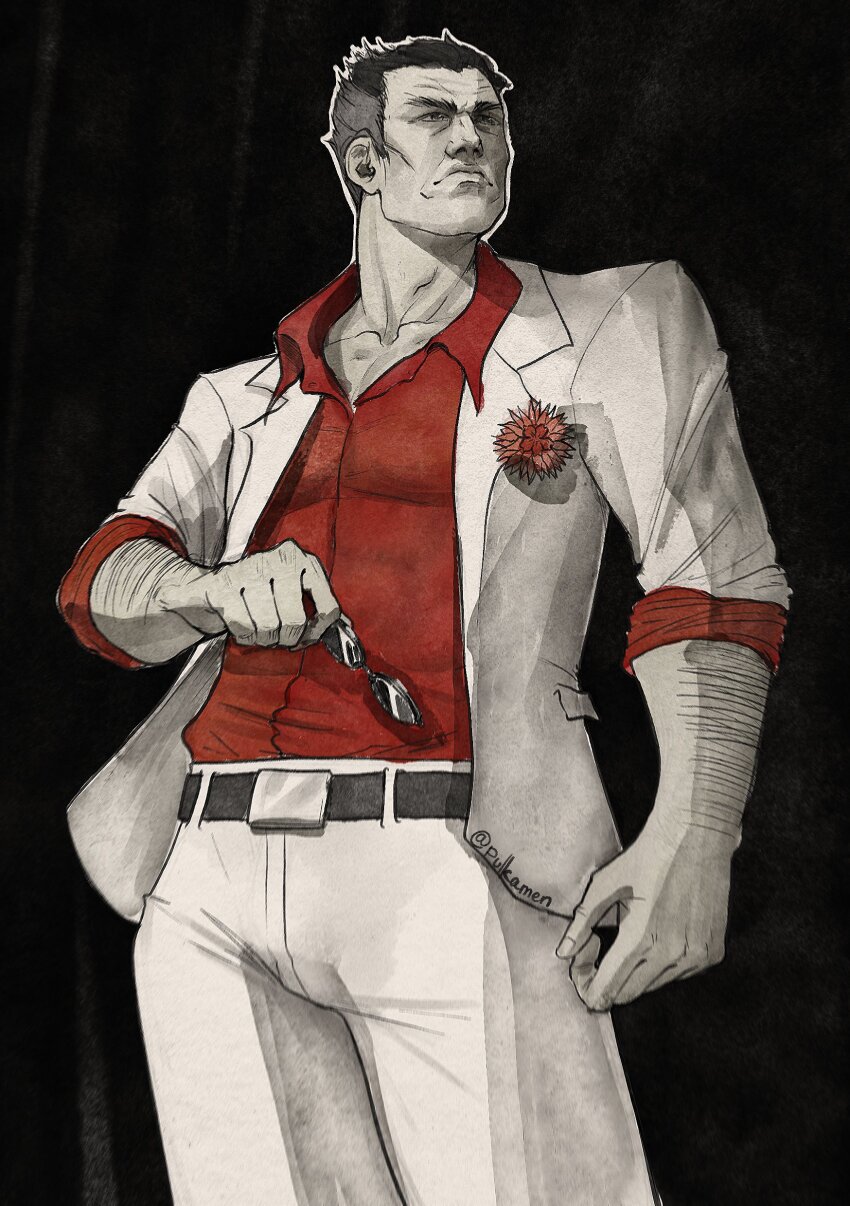 1boy, absurdres, arm_hair, belt, black_background, black_belt, black_hair, colored_skin