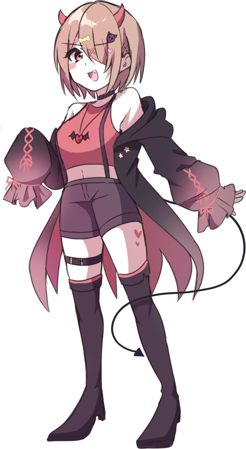 1girl, :d, absurdres, black_choker, black_footwear, black_shorts, blush_stickers, boots, choker, coat, demon_horns, fang, full_body, hair_ornament, hair_over_one_eye, heart, heart_hair_ornament, heart_necklace, heaven_burns_red, highres, horns, jewelry, kayamori_ruka, light_brown_hair, necklace, off_shoulder, open_mouth, puyopiku, red_eyes, red_tank_top, short_hair, shorts, simple_background, smile, standing, tank_top, very_long_sleeves, white_background