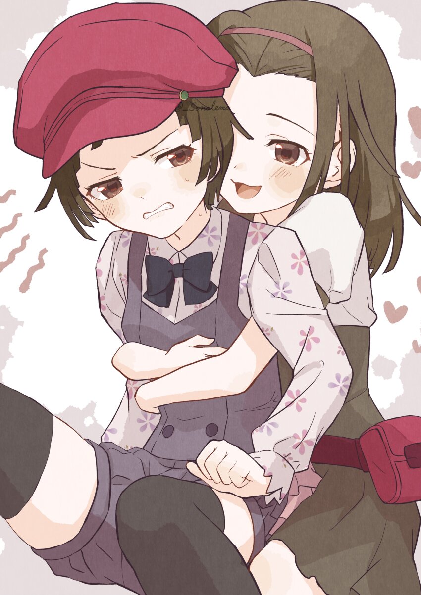 2girls, absurdres, bangs_pinned_back, black_ribbon, black_thighhighs, brown_eyes, brown_hair, brown_skirt