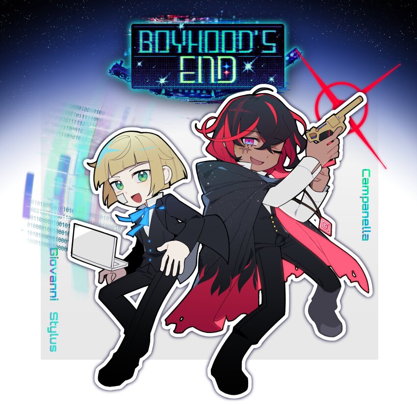 2boys, :d, ;d, absurdres, bandaid, bandaid_on_cheek, bandaid_on_face, binary