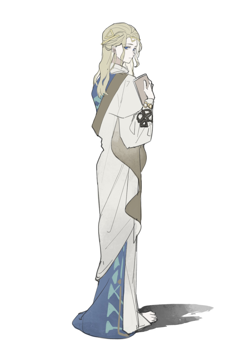 1boy, 6_(reverse:1999), absurdres, ancient_greek_clothes, barefoot, blonde_hair, blue_eyes, book