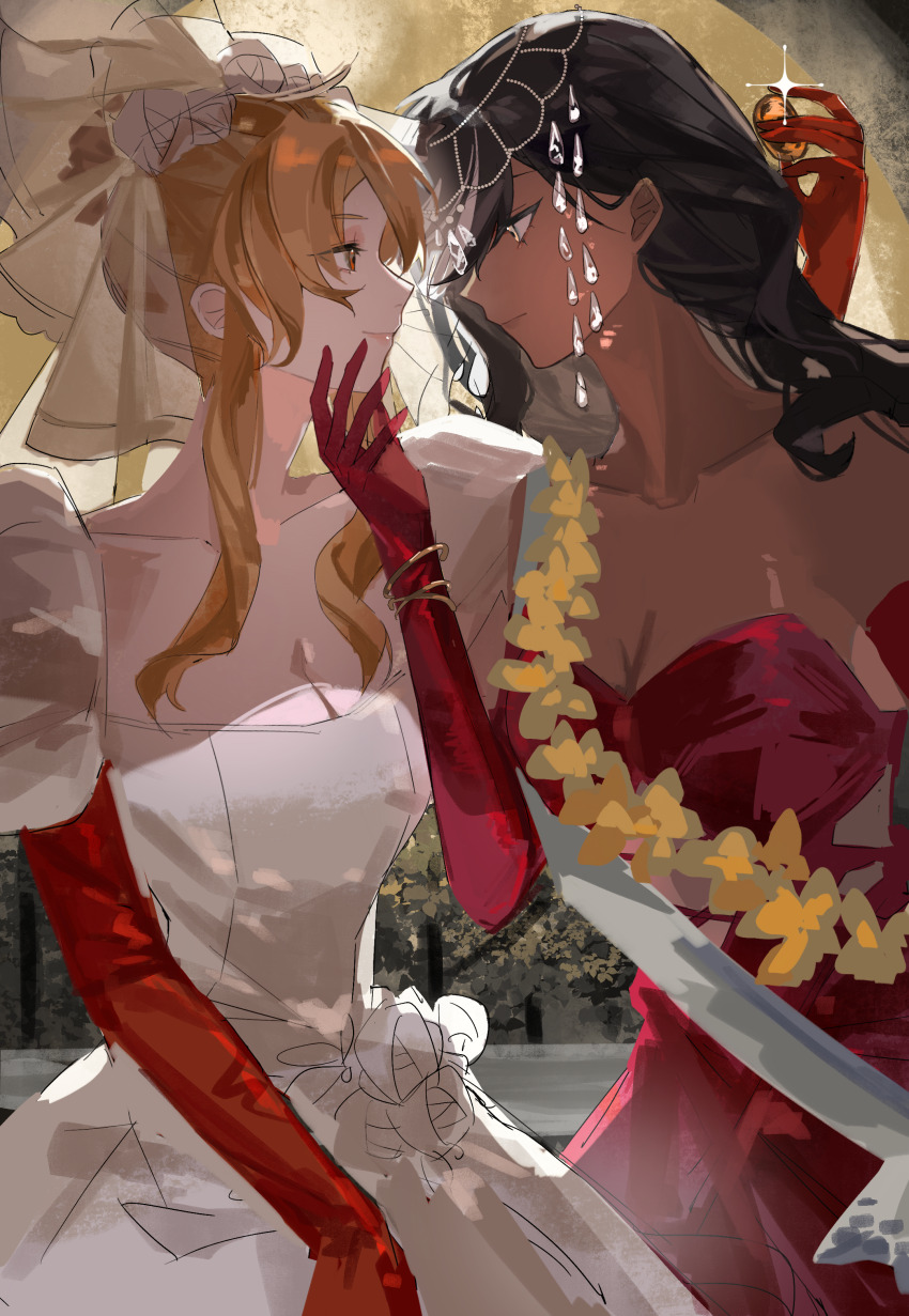 2girls, absurdres, black_hair, blonde_hair, centurion_(reverse:1999), centurion_(the_universal_star)_(reverse:1999), commentary_request, danzhi_lingjia, dark-skinned_female, dark_skin, dress, elbow_gloves, face-to-face, gloves, hand_on_another's_chin, highres, holding, holding_jewelry, jewelry, looking_at_another, melania_(a_peaceful_night)_(reverse:1999), melania_(reverse:1999), multiple_girls, official_alternate_costume, red_dress, reverse:1999, sash, smile, white_dress, white_sash, yuri