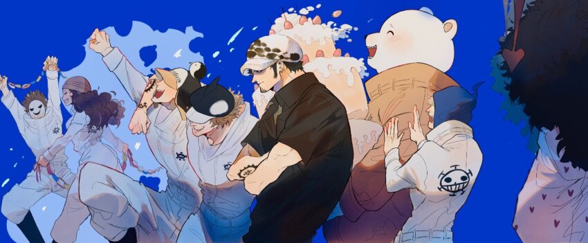 1girl, 6+boys, :d, ^_^, animal_print, arm_above_head, arm_tattoo, bepo_(one_piece)