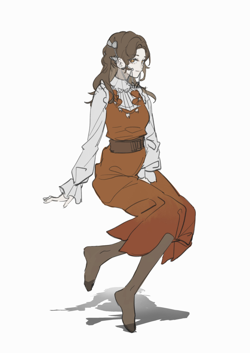 1girl, absurdres, belt, between_legs, black_pantyhose, braces, brown_belt, brown_eyes