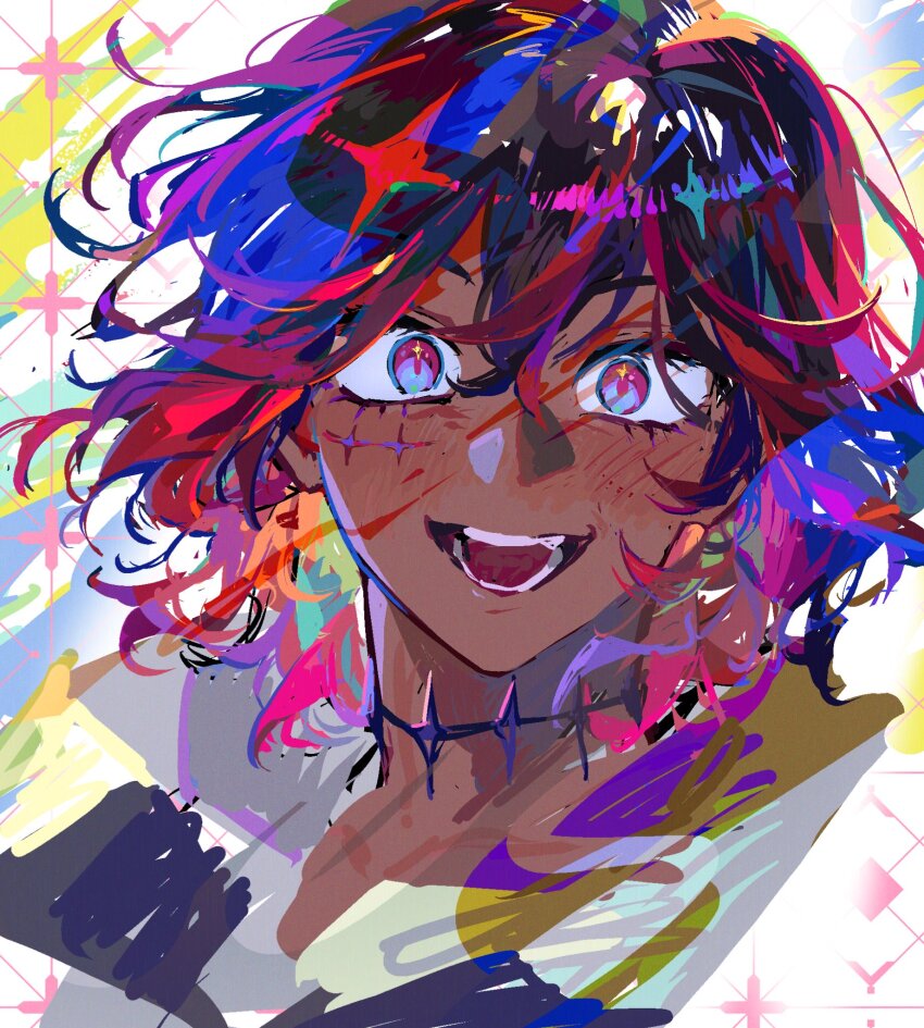 1boy, :d, black_hair, blood, blood_on_face, blood_splatter, campanella_demillion, collared_shirt