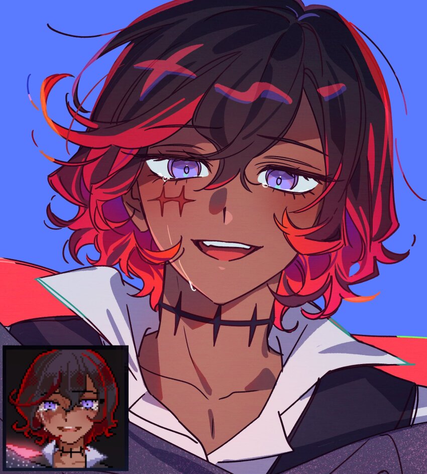 1boy, black_hair, black_vest, blue_background, campanella_demillion, colored_inner_hair, commentary_request, crying