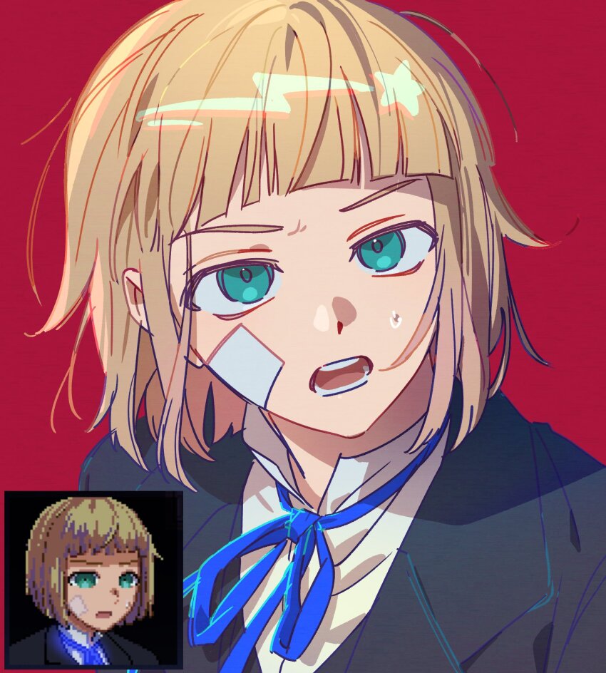 1boy, aqua_eyes, bandaid, bandaid_on_cheek, bandaid_on_face, black_jacket, black_vest, blonde_hair