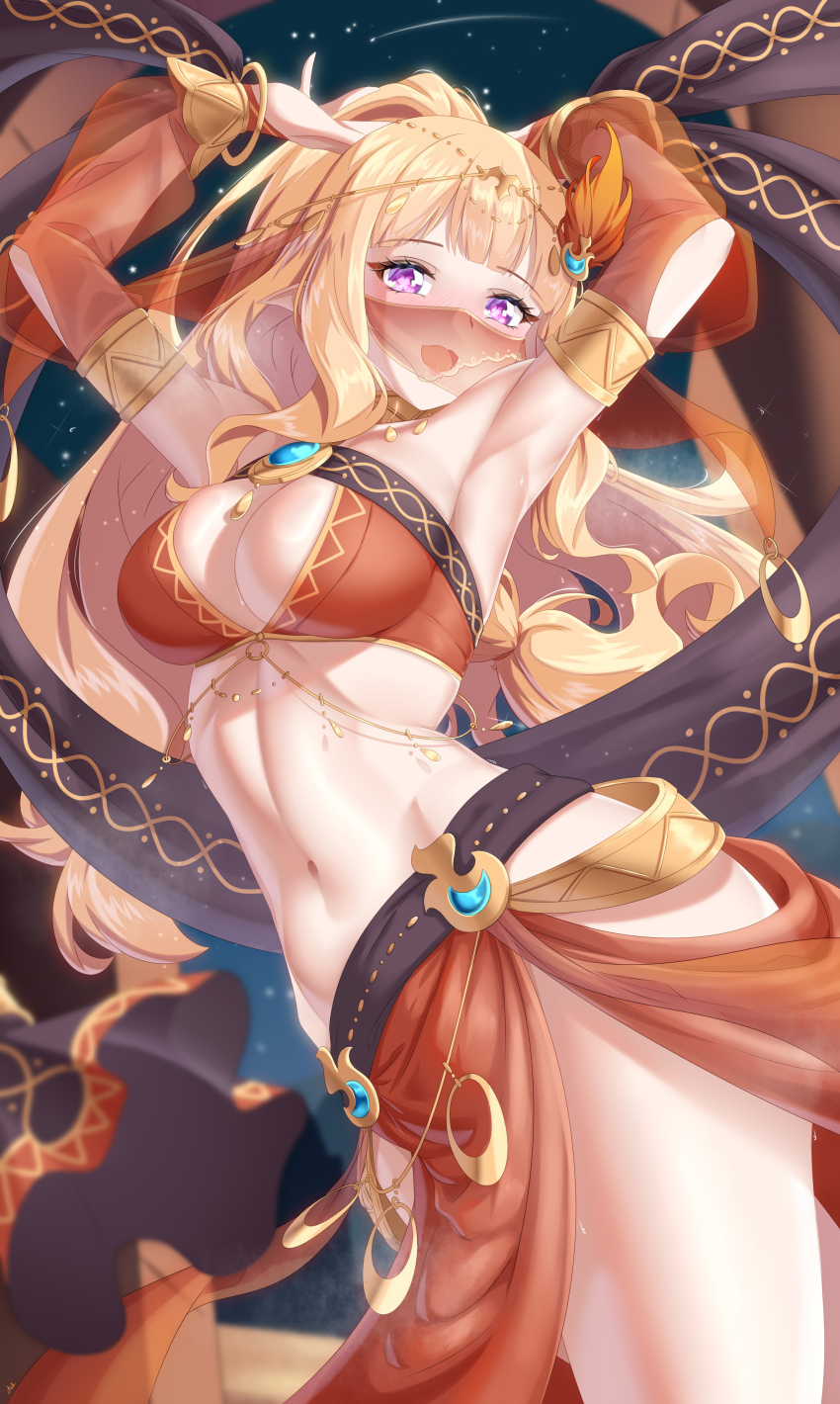 1girl, absurdres, arabian_clothes, arada_(corsair_zero), armlet, belly_chain, blonde_hair, body_jewelry