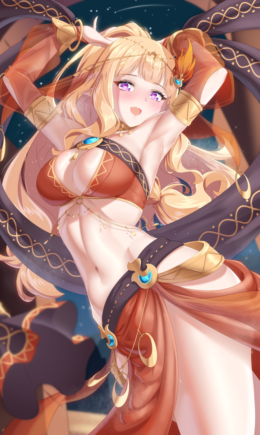 1girl, absurdres, arabian_clothes, arada_(corsair_zero), armlet, belly_chain, blonde_hair, body_jewelry