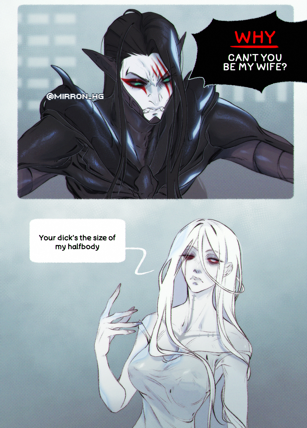 1boy, 1girl, black_bodysuit, black_hair, bodysuit, colored_skin, dark_eldar, english_text