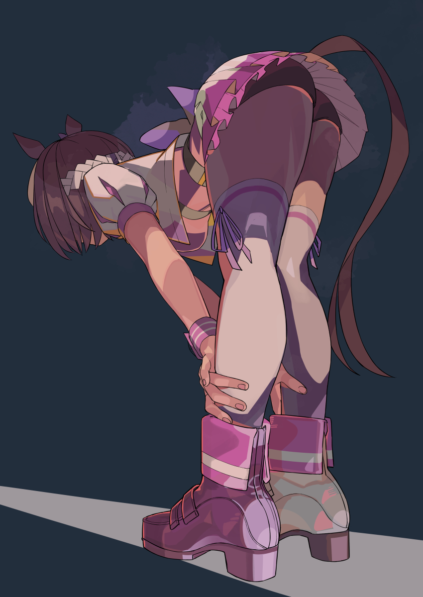 1girl, absurdres, animal_ears, ass, asymmetrical_footwear, bending, bike_shorts, blue_background